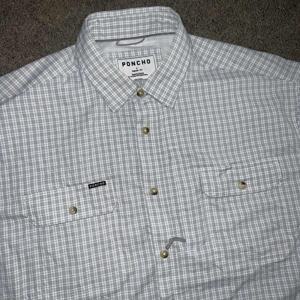 Poncho Shirt Mens L White Check Short Sleeve Button Up Magnetic Pockets